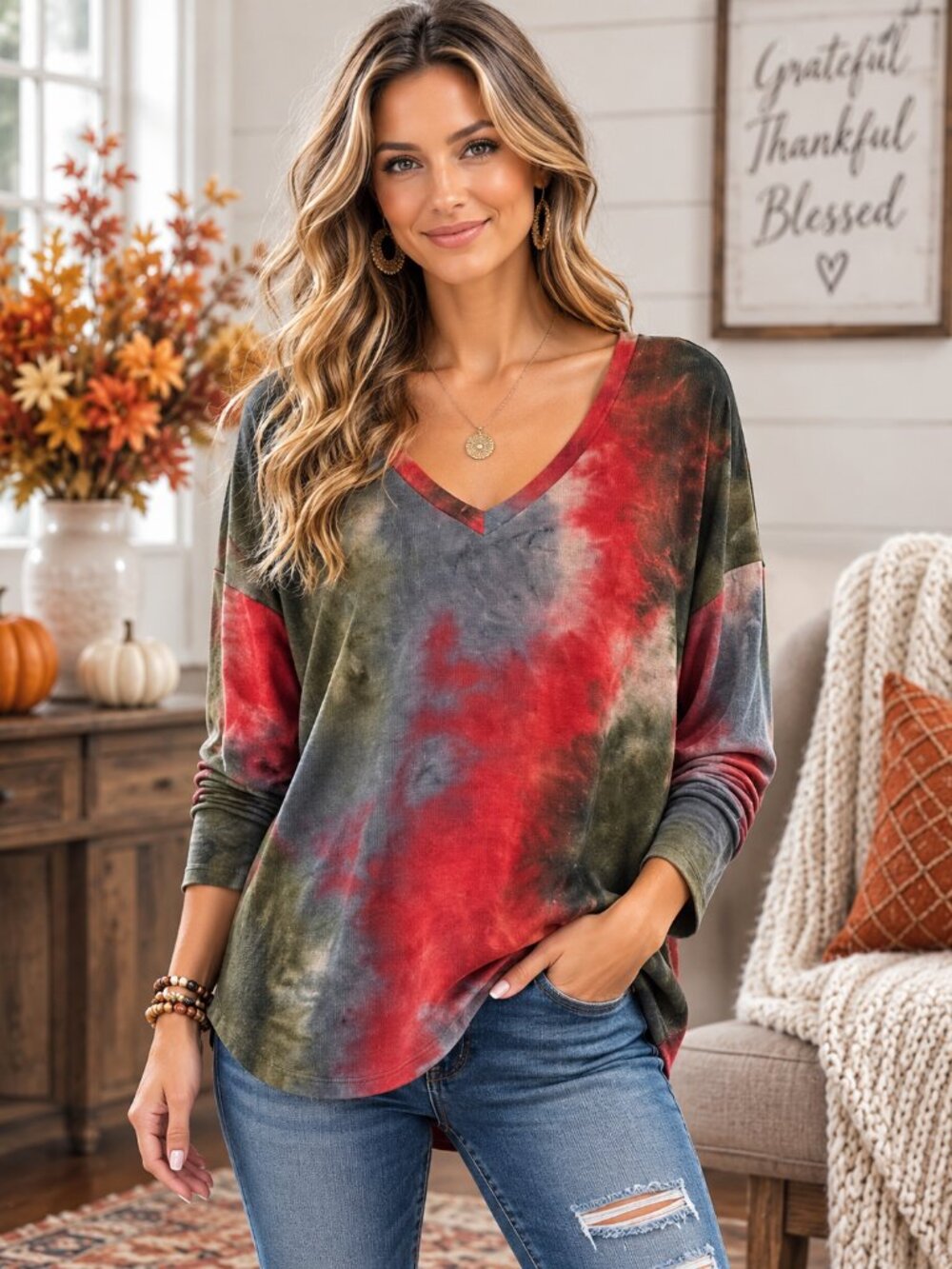 CY Fashion Green Red Blue Tie Dye V Neck Tee Tunic Oversized Large